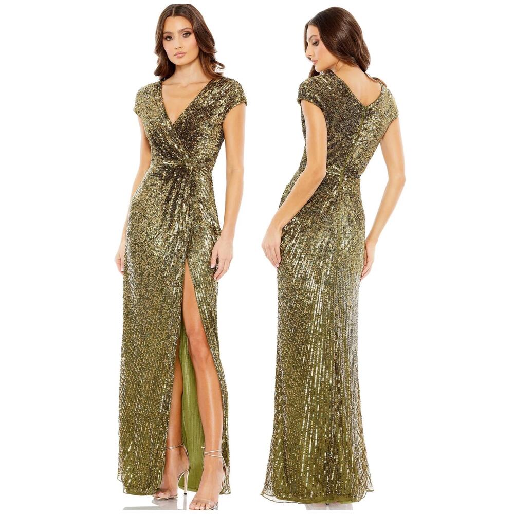 Mac Duggal NWT Sequined Faux Wrap V Neck Cap Sleeve Gown Olive Green Size 12